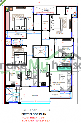 40*54 House plan, 2160 SqFt Floor Plan duplex Home Design- 12800