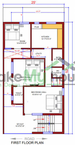 25*52 House plan, 1300 SqFt Floor Plan triplex Home Design- 12836