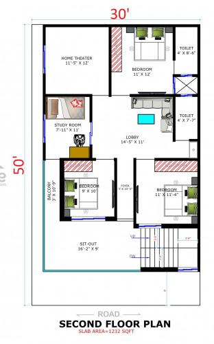 30*50 House plan, 1500 SqFt Floor Plan triplex Home Design- 14291