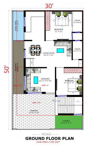 30*50 House plan, 1500 SqFt Floor Plan triplex Home Design- 14291