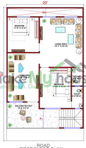 29*50 House plan, 1450 SqFt Floor Plan duplex Home Design- 2849