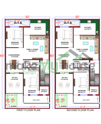 30*60 House plan, 1800 SqFt Floor Plan triplex Home Design- 2343