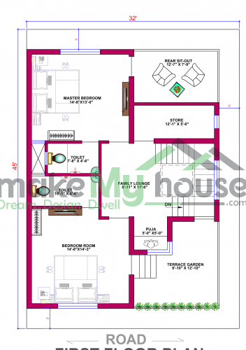 32*45 House plan, 1440 SqFt Floor Plan duplex Home Design- 164