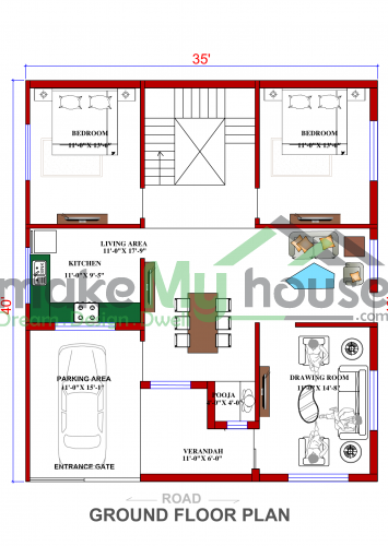 30*45 House plan, 1350 SqFt Floor Plan duplex Home Design- 1379