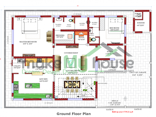 60*40 House plan, 2400 SqFt Floor Plan triplex Home Design- 8195