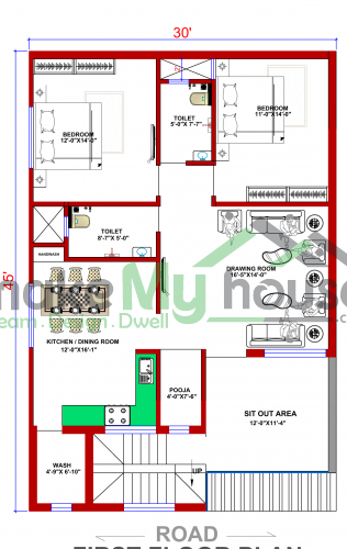 30*45 House plan, 1350 SqFt Floor Plan duplex Home Design- 101