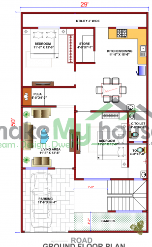 29*50 House plan, 1450 SqFt Floor Plan duplex Home Design- 2849