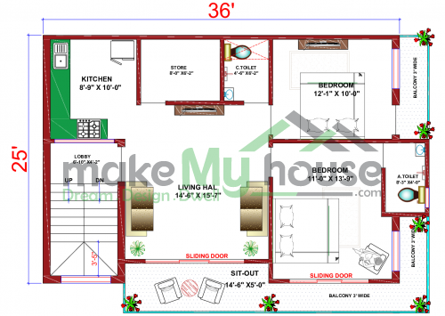 36*25 House plan, 900 SqFt Floor Plan duplex Home Design- 4766