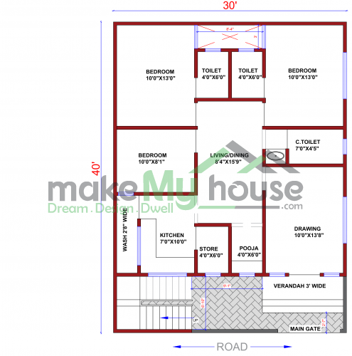 30*40 House plan, 1200 SqFt Floor Plan triplex Home Design- 2833