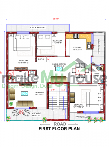 38*35 House plan, 1330 SqFt Floor Plan duplex Home Design- 8303