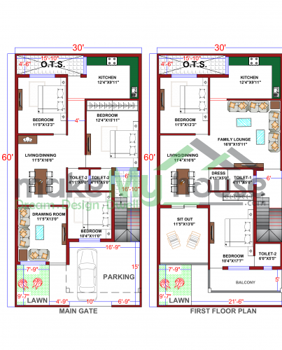 30*60 House plan, 1800 SqFt Floor Plan triplex Home Design- 2343