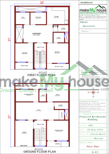 Buy 32x37 House Plan | 32 by 37 Front Elevation Design | 1184Sqrft