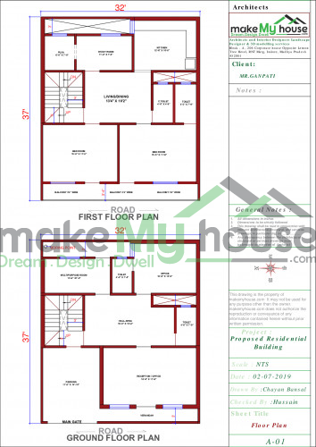 Buy 32x37 House Plan | 32 by 37 Front Elevation Design | 1184Sqrft
