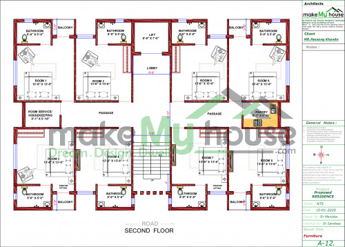 65x45 House Plan with 2 Bathrooms