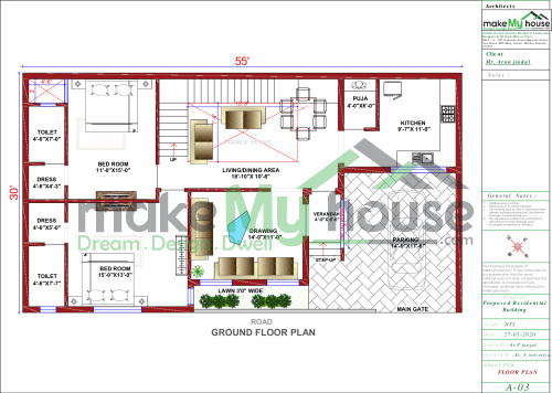 55*30 House plan, 1650 SqFt Floor Plan singlex Home Design- 55x30 ...