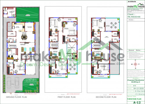 Triplex floor plan with ground parking 