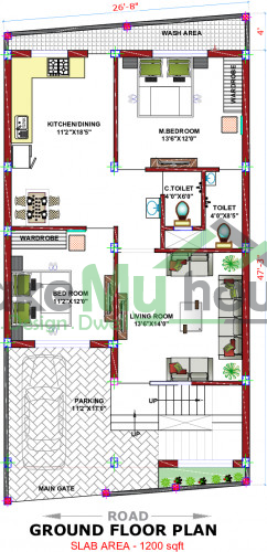 26x51 House Plan with 4 Bathrooms