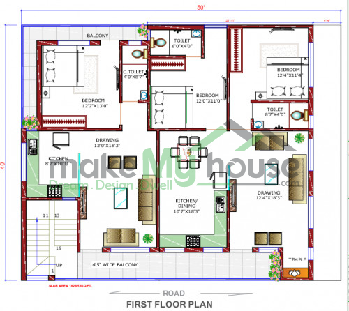 50*40 House plan, 2000 SqFt Floor Plan duplex Home Design- 50x40 ...