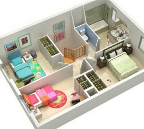 Floorplan Architectural Plan, Simple House Plan Design 3d 3 Bedroom