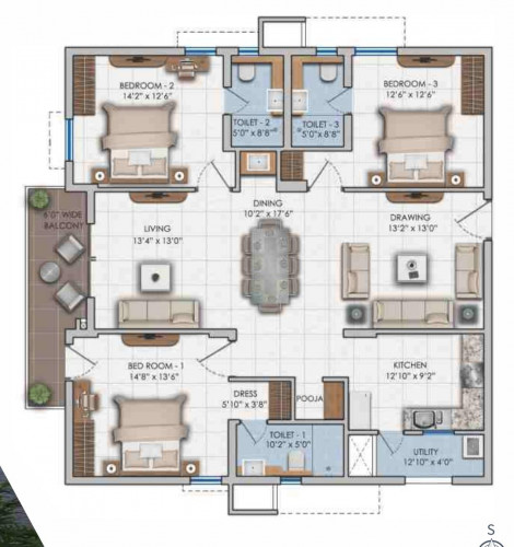 3BHK House Floor Plan 