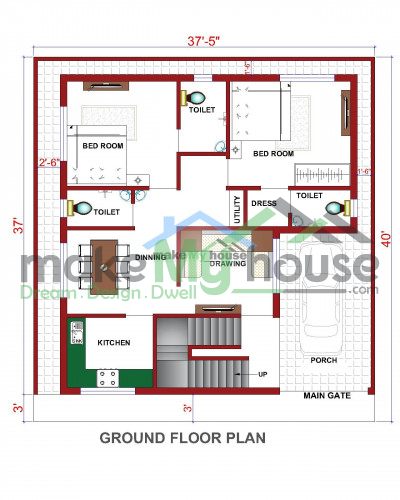 Buy 37x37 House Plan | 37 by 37 Elevation Design | Plot Area Naksha