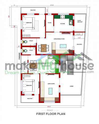 Buy 34x53 House Plan | 34 by 53 Elevation Design | Plot Area Naksha