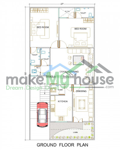 Buy 27x55 House Plan | 27 by 55 Elevation Design | Plot Area Naksha