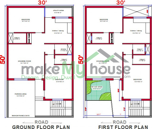 Buy 30x50 House Plan | 30 by 50 Elevation Design | Plot Area Naksha