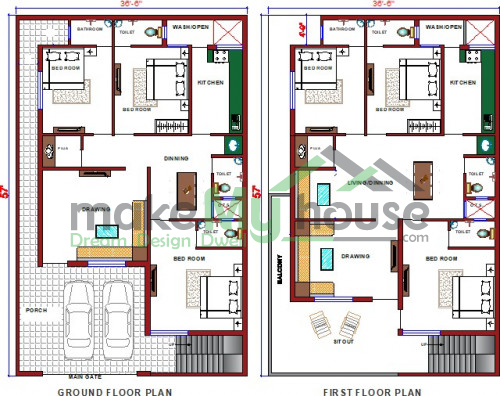 Buy 36x57 House Plan | 36 by 57 Elevation Design | Plot Area Naksha