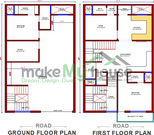 Buy 26x41 House Plan | 26 by 41 Elevation Design | Plot Area Naksha