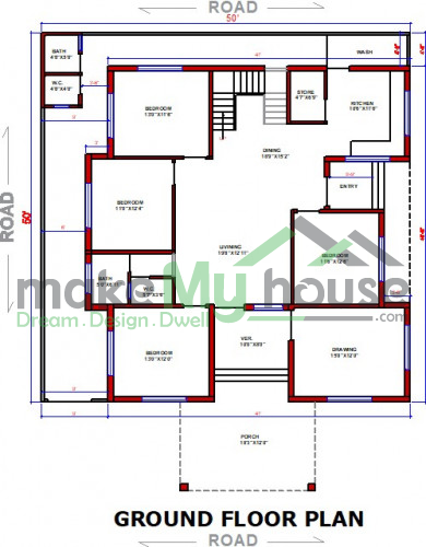 Buy 50x50 House Plan | 50 by 50 Elevation Design | Plot Area Naksha