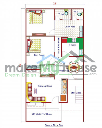 Buy 26x50 House Plan | 26 by 50 Elevation Design | Plot Area Naksha