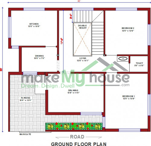 Buy 40x35 House Plan | 40 by 35 Elevation Design | Plot Area Naksha