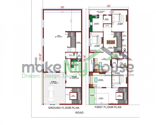 Buy 30x72 House Plan | 30 by 72 Elevation Design | Plot Area Naksha