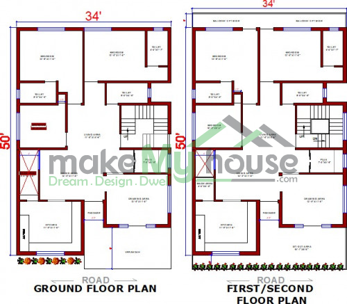 Buy 34x50 House Plan | 34 by 50 Elevation Design | Plot Area Naksha