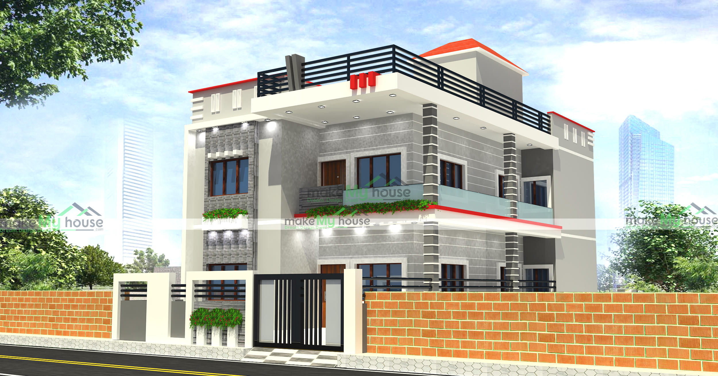 Small House Elevation Design with Balcony, image size:2500x1311