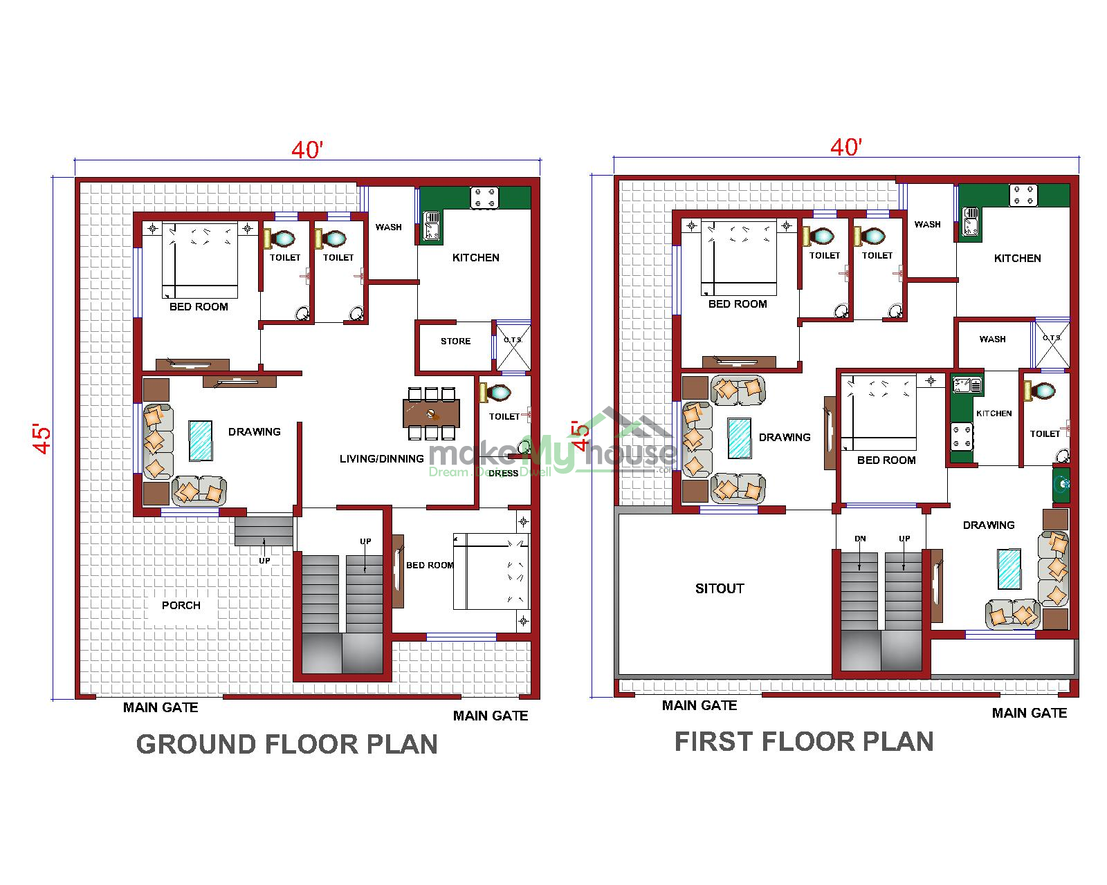 Buy 40x45 House Plan 40 By 45 Elevation Design Plot Area Naksha