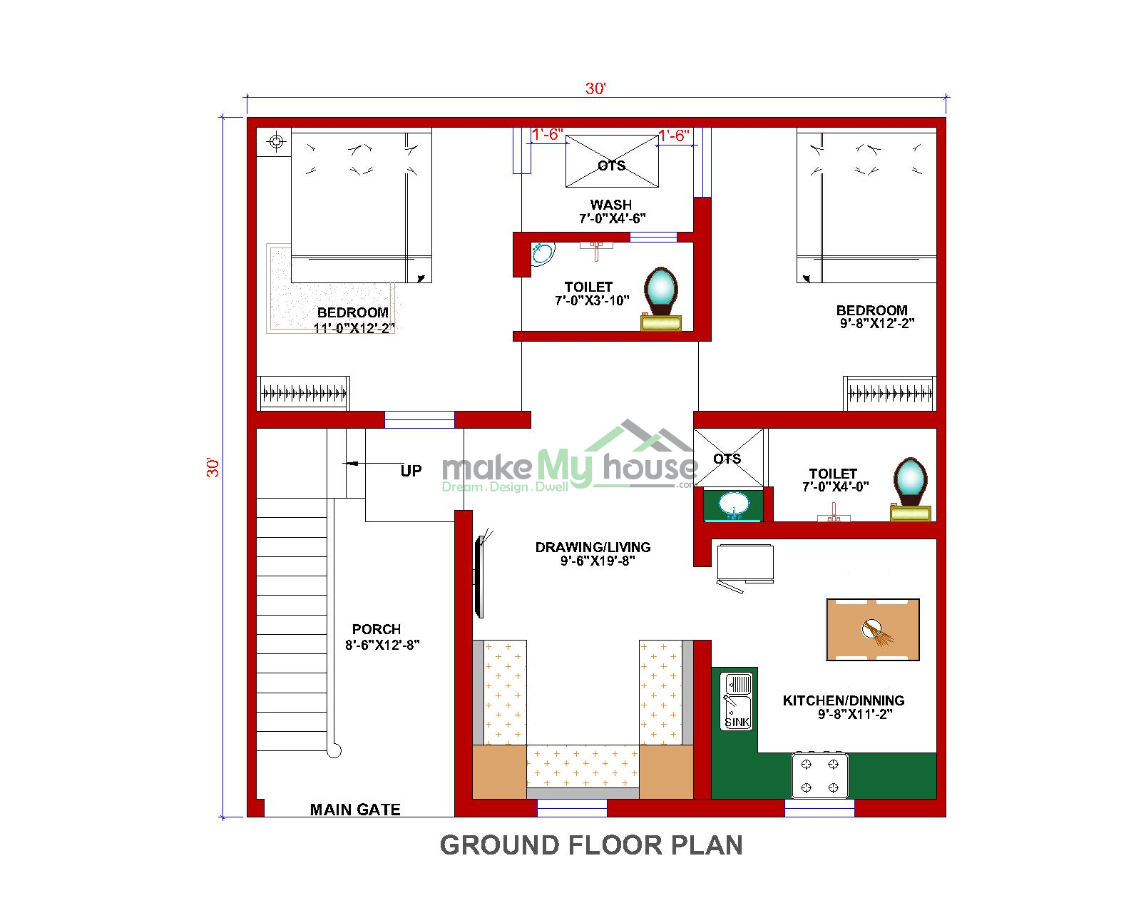 Buy 30x30 House Plan 30 by 30 Elevation Design Plot