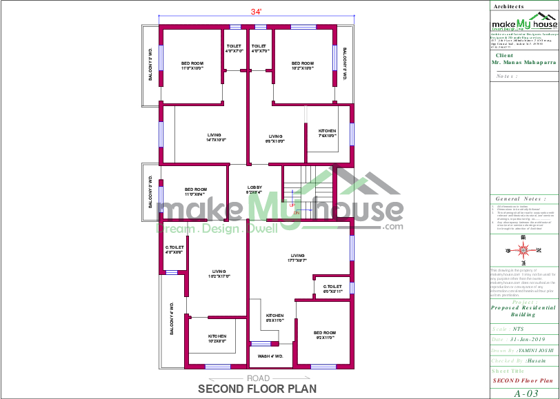 34x60 Apartment Plan 40 Sqft Apartment Design 3 Story Floor Plan