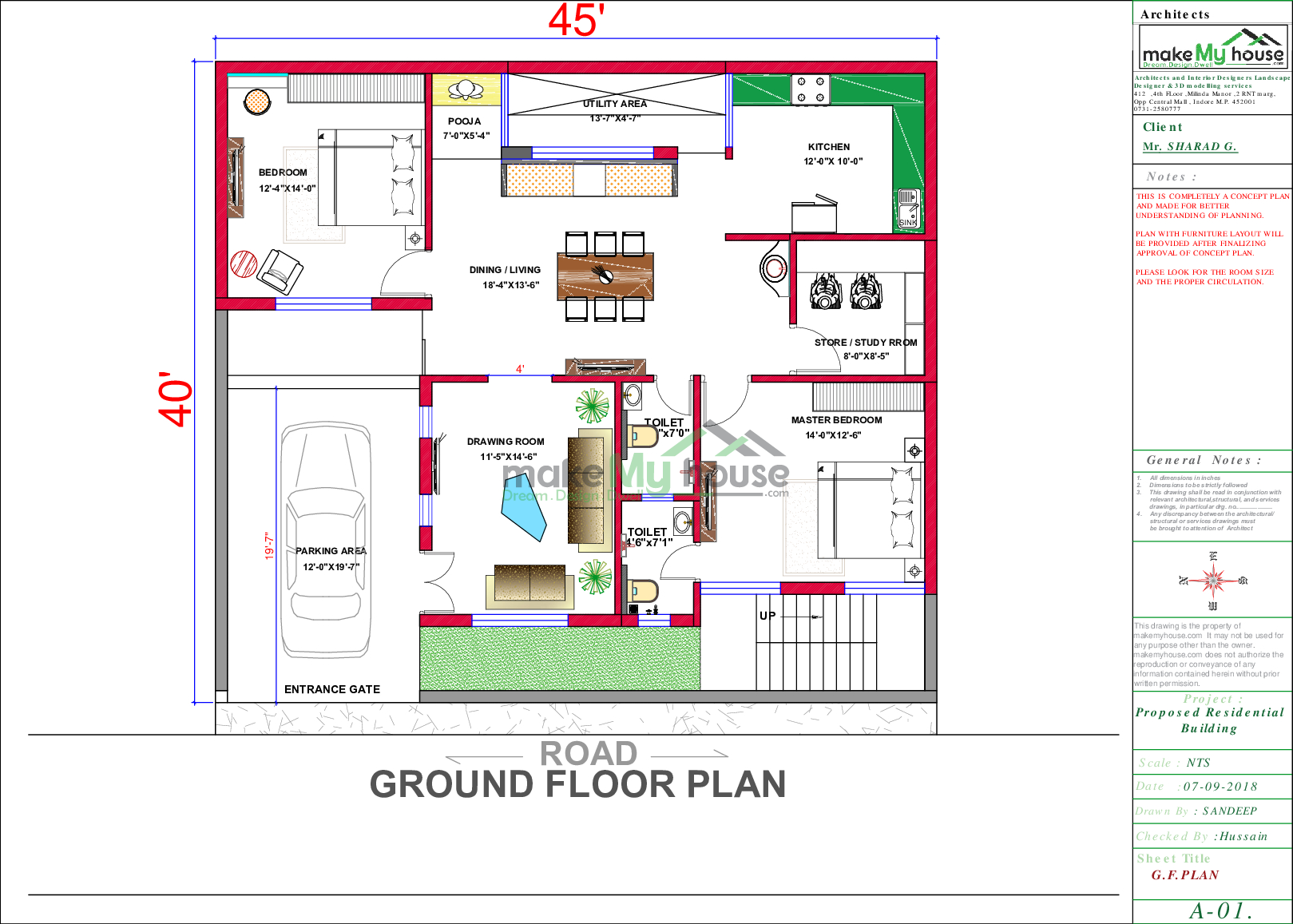 45x40 Home Plan 1800 Sqft Home Design 1 Story Floor Plan