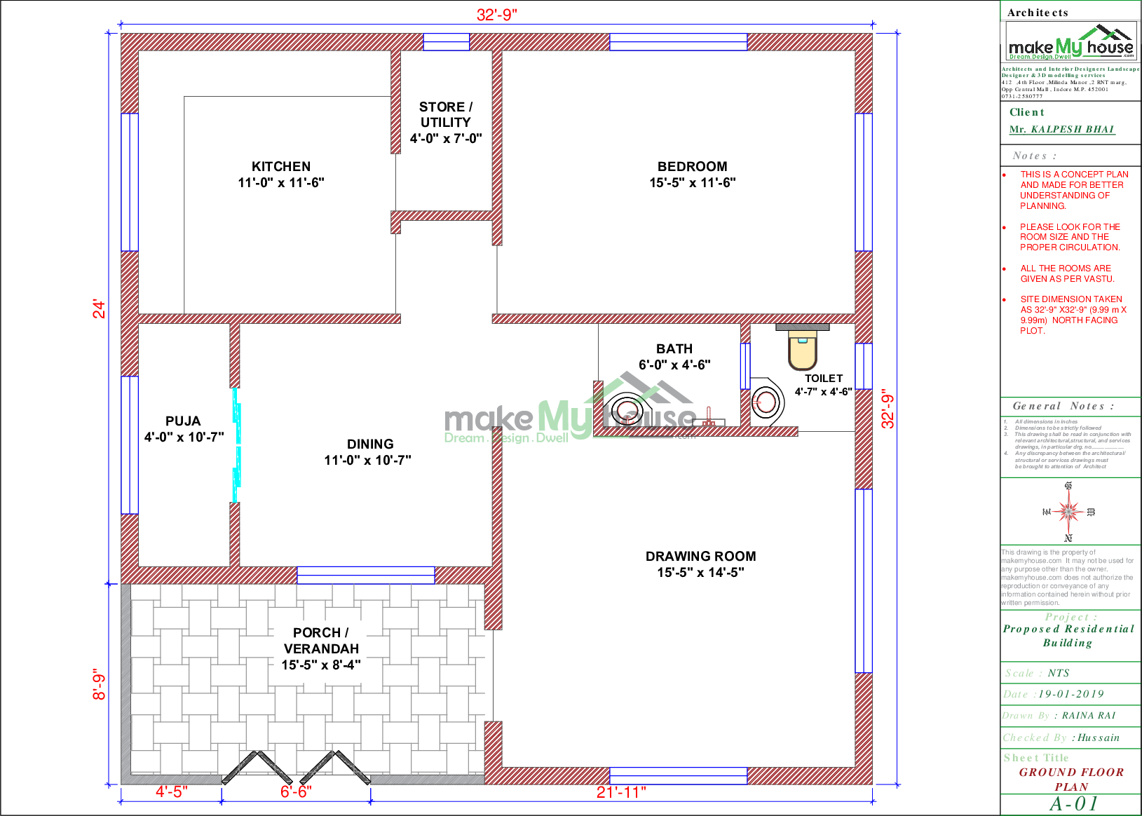Buy 32x32 House Plan 32 By 32 Front Elevation Design 1024sqrft Home Naksha