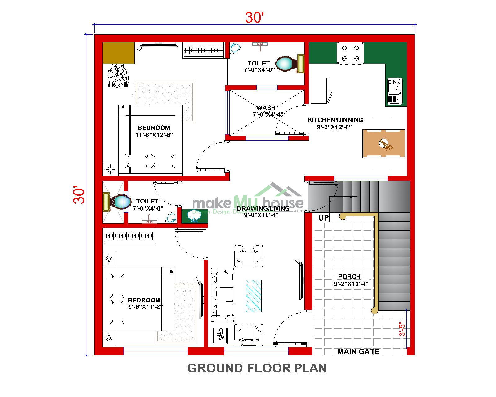 Buy 30x30 House Plan 30 By 30 Elevation Design Plot Area Naksha